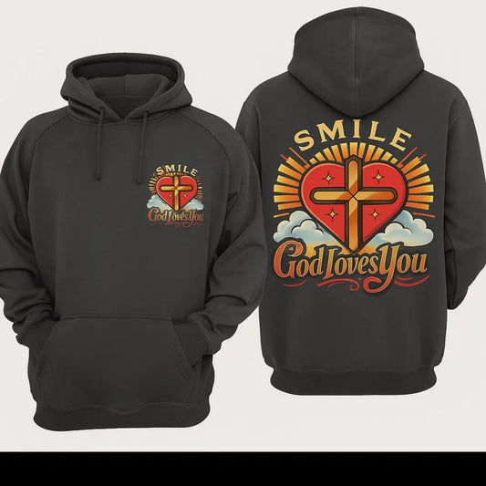 Smile God Loves You Christian Apparel - Pull Over Hoodie Front/Back